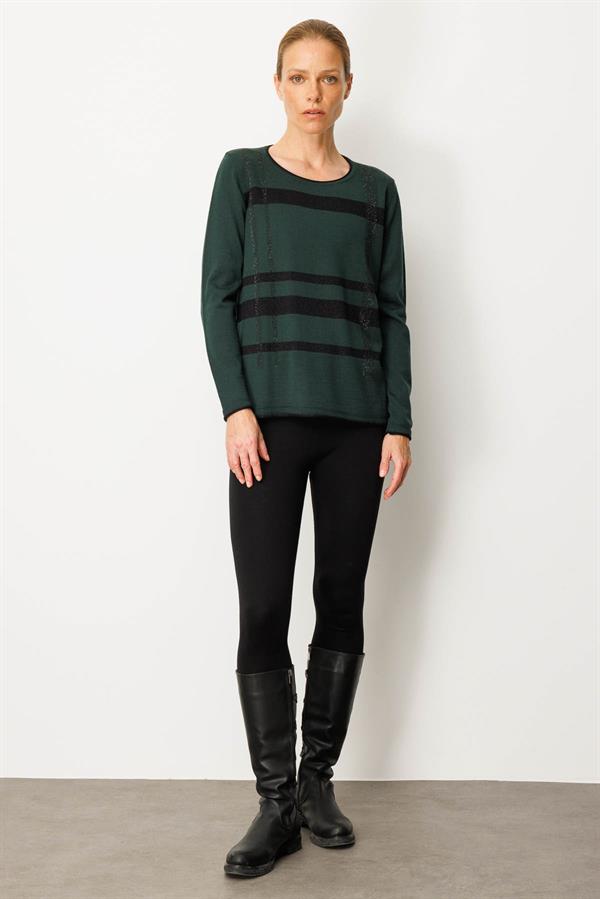 Kadın Sıfır Yaka Sim Çizgili Taşlı Yün Bluz Yeşil