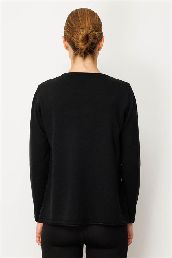 Kadın Sıfır Yaka Sim Çizgili Taşlı Yün Bluz Siyah