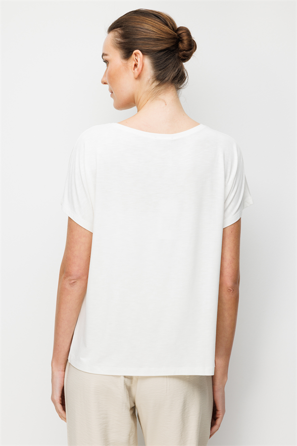 Kadın Sıfır Yaka Su Yolu Taşlı Düşük Kollu Penye T-shirt Beyaz