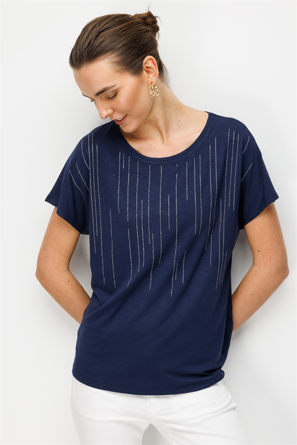 Kadın Sıfır Yaka Su Yolu Taşlı Düşük Kollu Penye T-shirt Lacivert