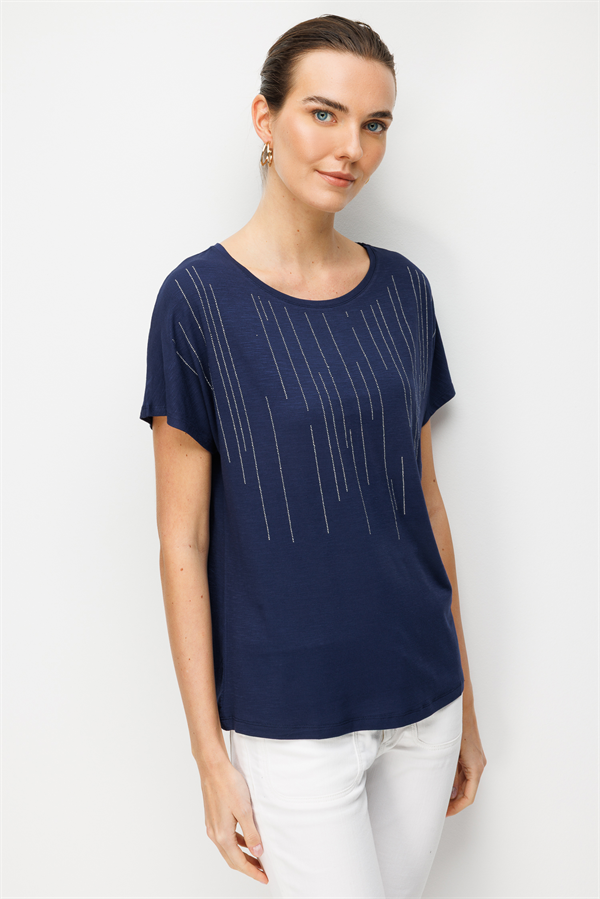 Kadın Sıfır Yaka Su Yolu Taşlı Düşük Kollu Penye T-shirt Lacivert