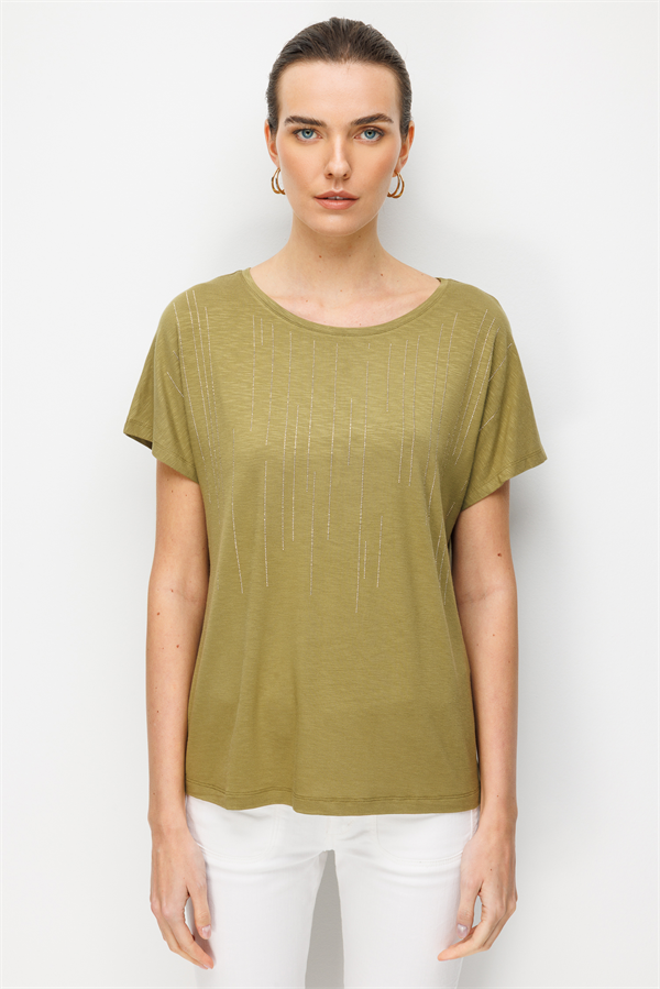Kadın Sıfır Yaka Su Yolu Taşlı Düşük Kollu Penye T-shirt Haki