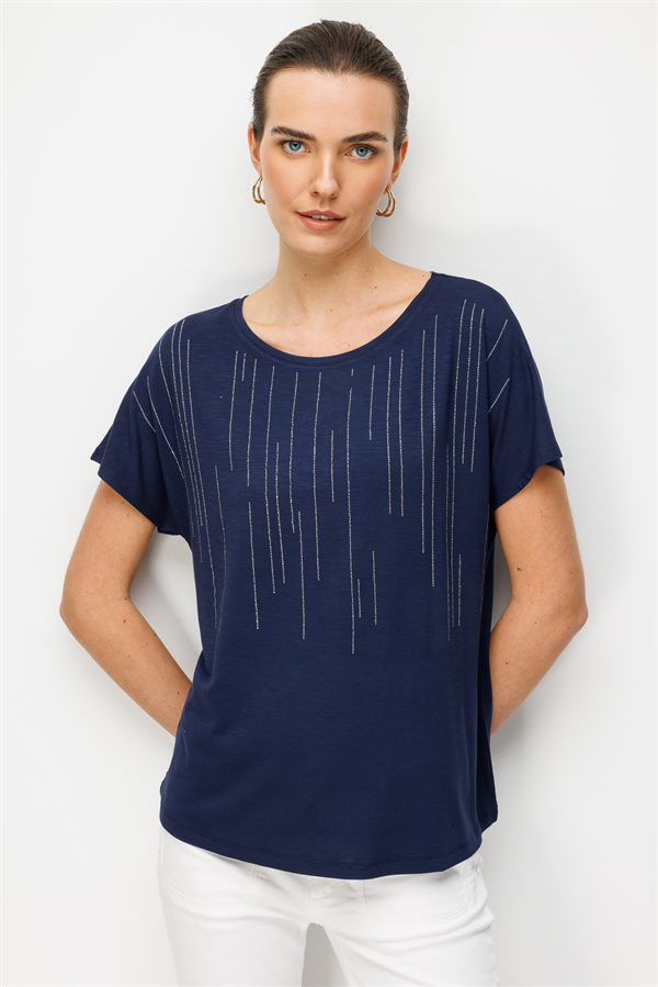 Kadın Sıfır Yaka Su Yolu Taşlı Düşük Kollu Penye T-shirt Lacivert