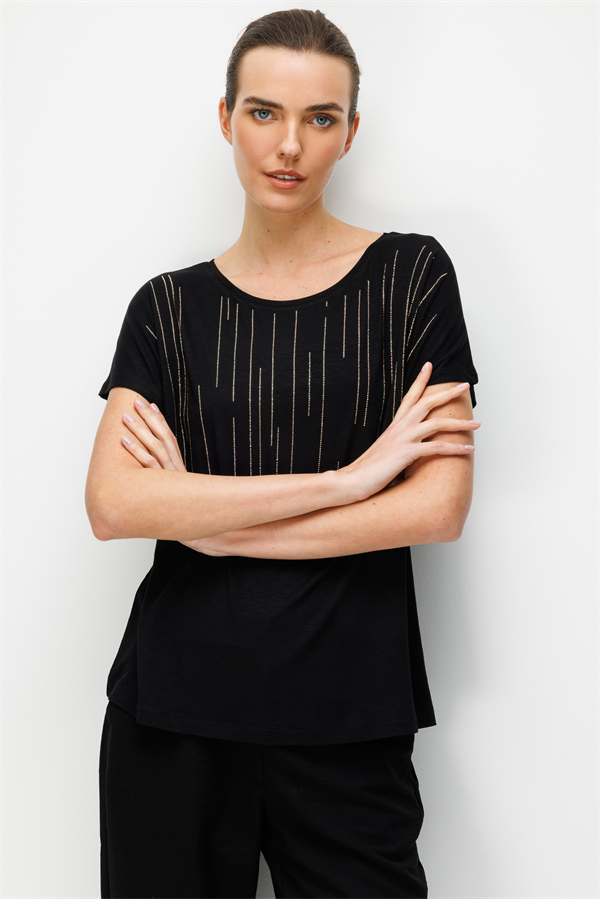 Kadın Sıfır Yaka Su Yolu Taşlı Düşük Kollu Penye T-shirt Siyah