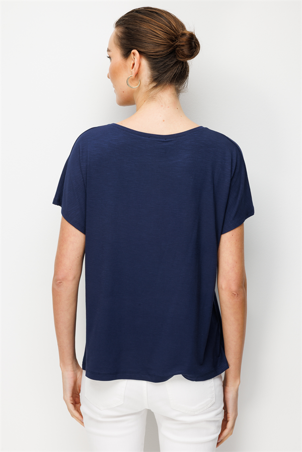 Kadın Sıfır Yaka Su Yolu Taşlı Düşük Kollu Penye T-shirt Lacivert