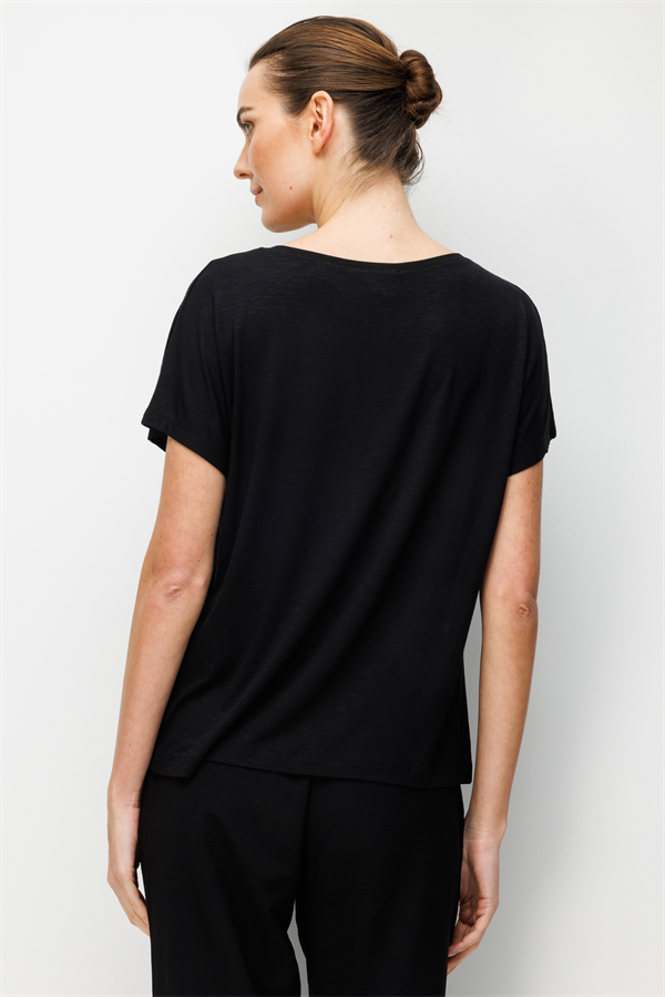 Kadın Sıfır Yaka Su Yolu Taşlı Düşük Kollu Penye T-shirt Siyah