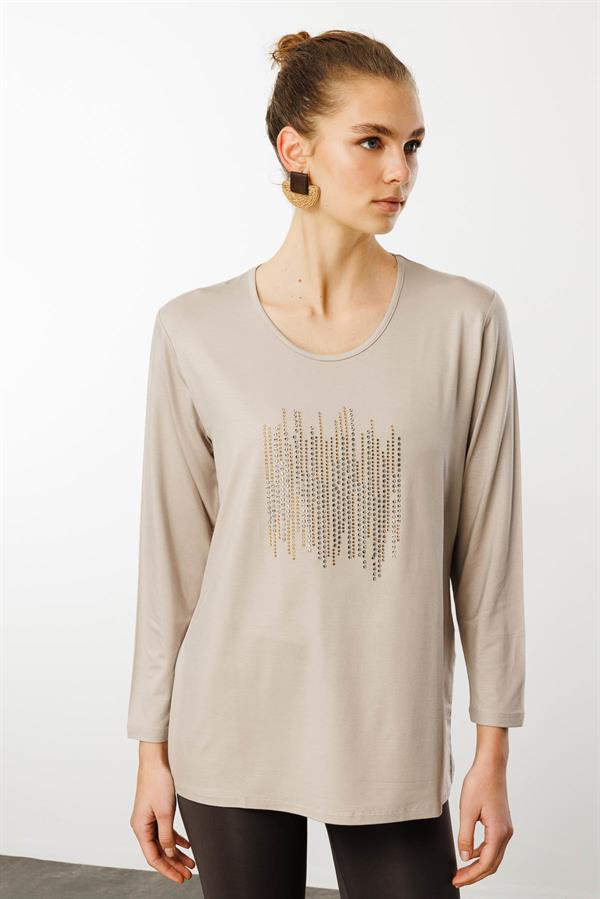 Kadın Sıfır Yaka Taş Baskılı Penye Bluz Bej