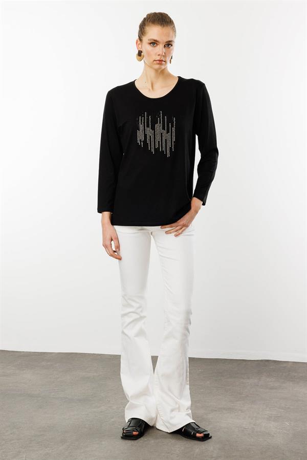 Kadın Sıfır Yaka Taş Baskılı Penye Bluz Siyah