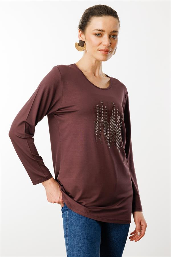 Kadın Sıfır Yaka Taş Baskılı Penye Bluz Kahve