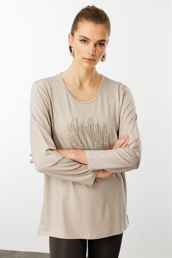 Kadın Sıfır Yaka Taş Baskılı Penye Bluz Bej