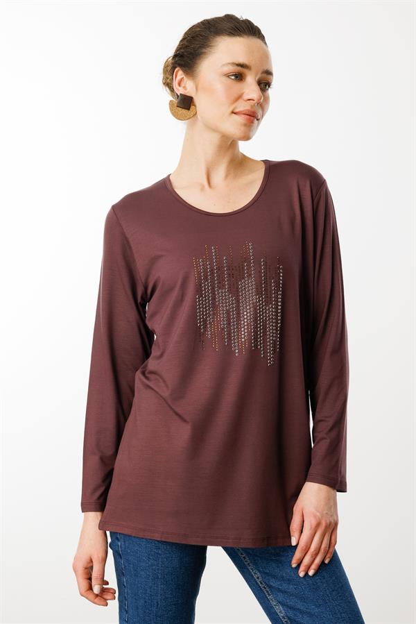 Kadın Sıfır Yaka Taş Baskılı Penye Bluz Kahve