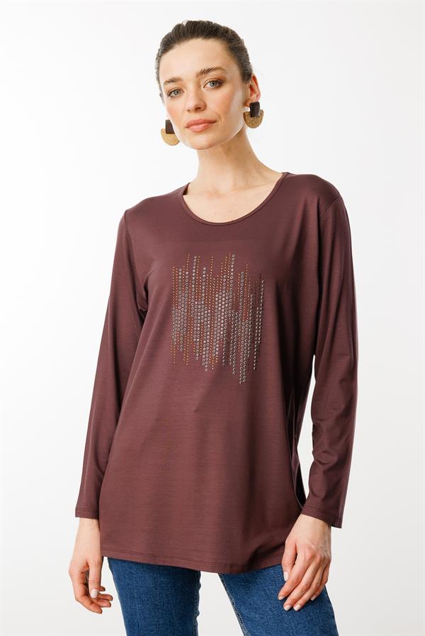 Kadın Sıfır Yaka Taş Baskılı Penye Bluz Kahve
