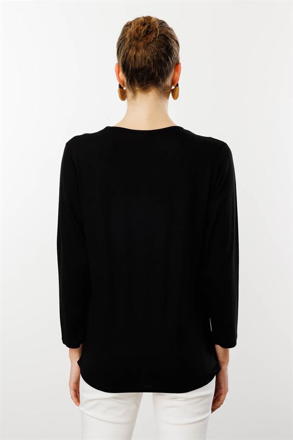 Kadın Sıfır Yaka Taş Baskılı Penye Bluz Siyah