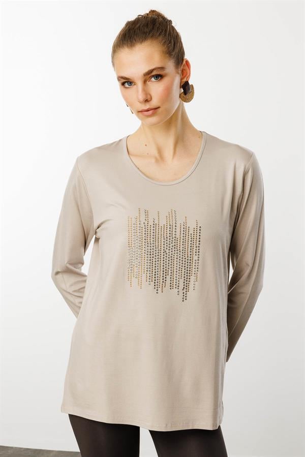 Kadın Sıfır Yaka Taş Baskılı Penye Bluz Bej