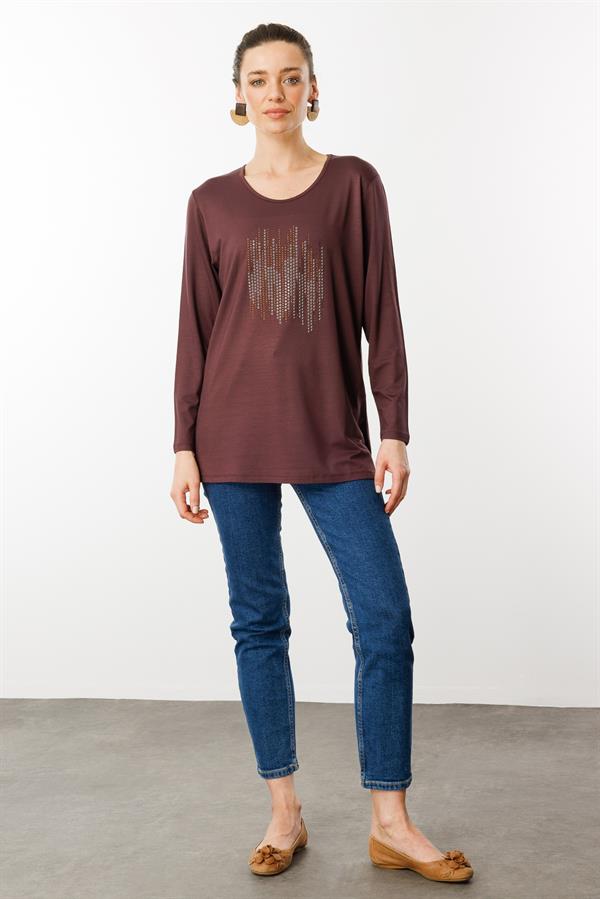 Kadın Sıfır Yaka Taş Baskılı Penye Bluz Kahve