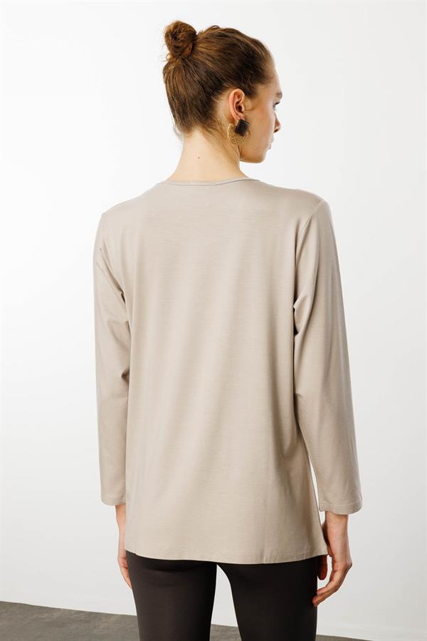 Kadın Sıfır Yaka Taş Baskılı Penye Bluz Bej