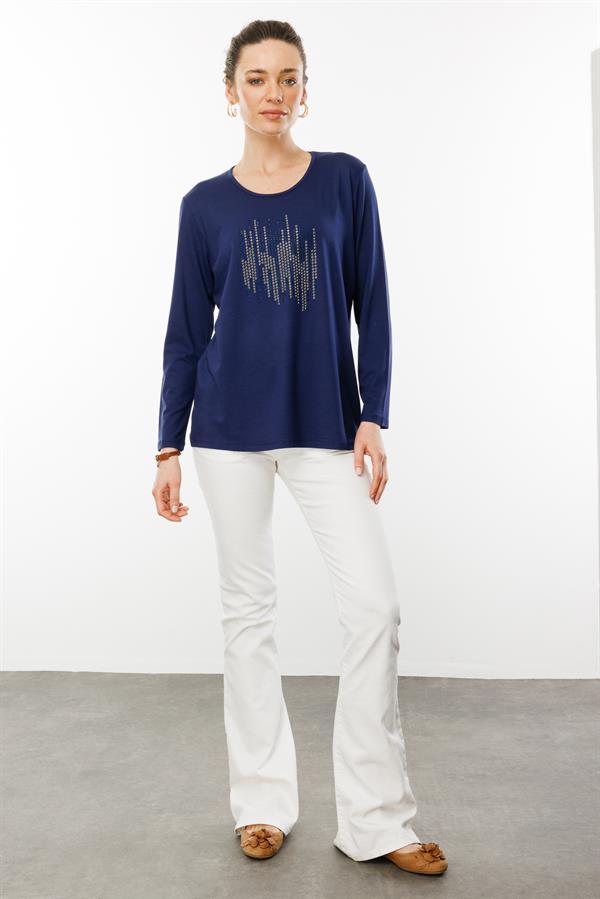 Kadın Sıfır Yaka Taş Baskılı Penye Bluz Lacivert