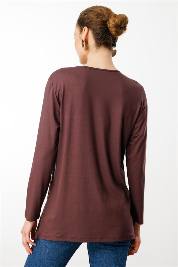 Kadın Sıfır Yaka Taş Baskılı Penye Bluz Kahve