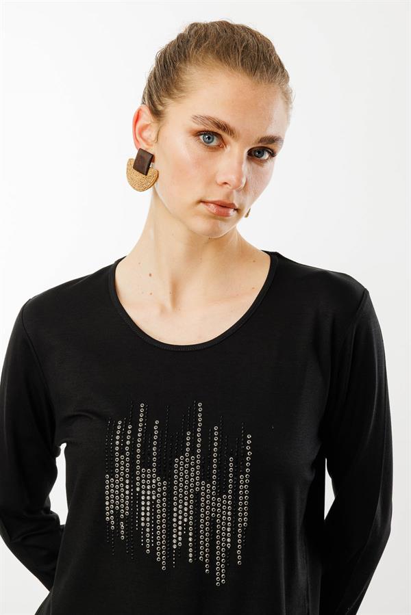 Kadın Sıfır Yaka Taş Baskılı Penye Bluz Siyah