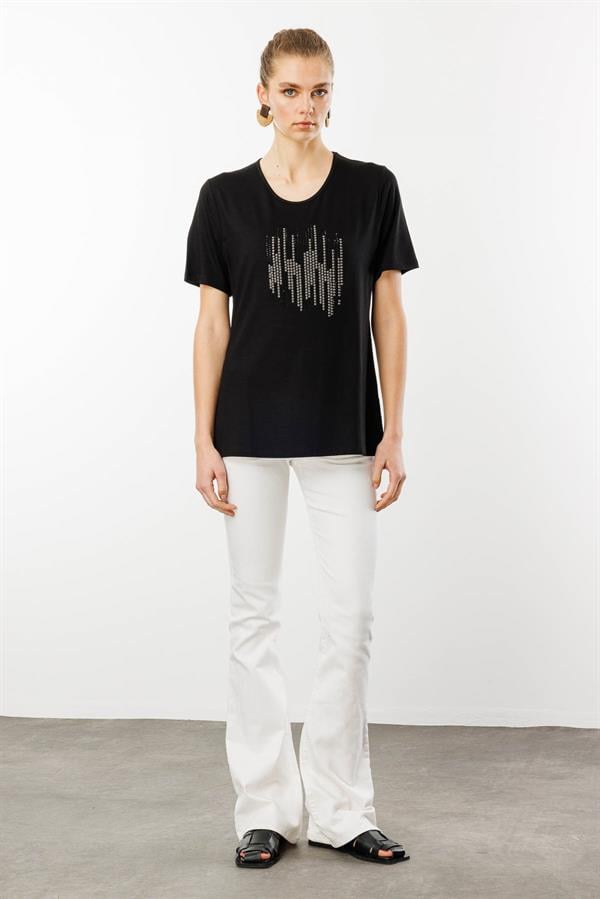 Kadın Sıfır Yaka Taş Baskılı Penye T-Shirt Siyah