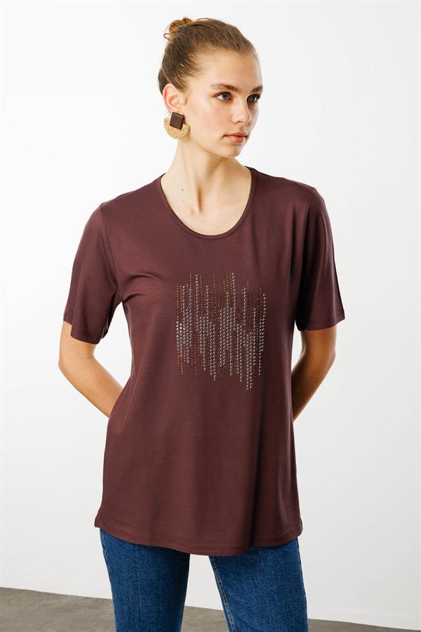Kadın Sıfır Yaka Taş Baskılı Penye T-Shirt Kahve