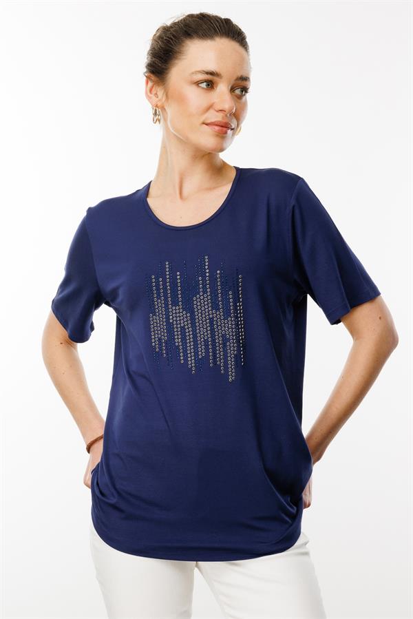 Kadın Sıfır Yaka Taş Baskılı Penye T-Shirt Lacivert