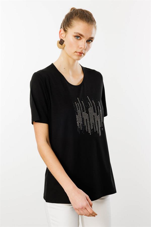 Kadın Sıfır Yaka Taş Baskılı Penye T-Shirt Siyah