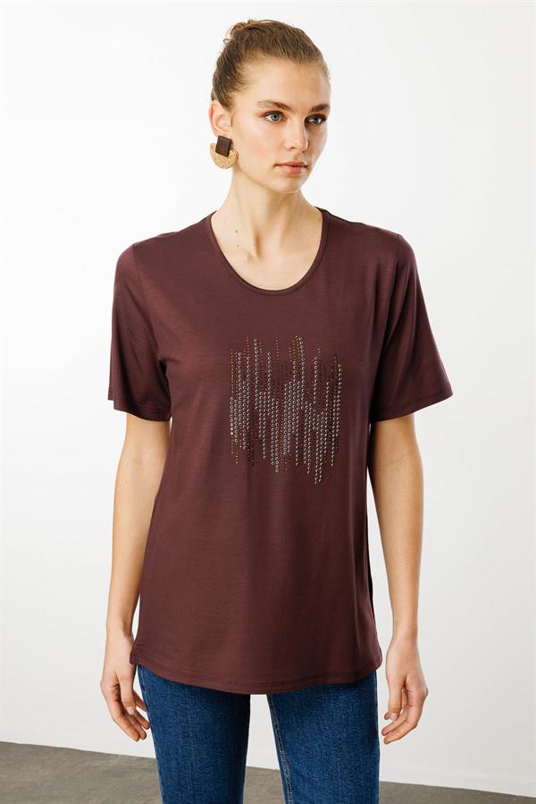 Kadın Sıfır Yaka Taş Baskılı Penye T-Shirt Kahve
