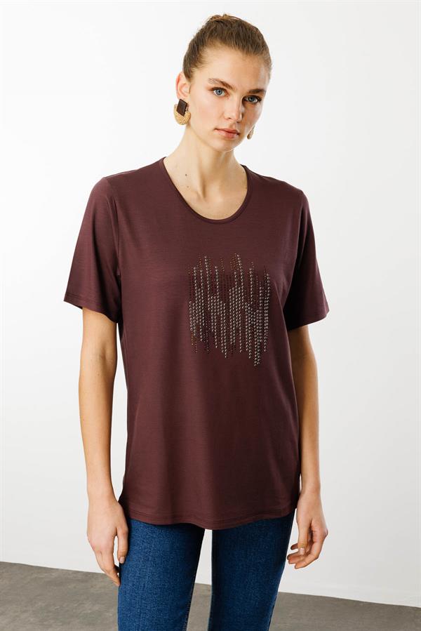 Kadın Sıfır Yaka Taş Baskılı Penye T-Shirt Kahve