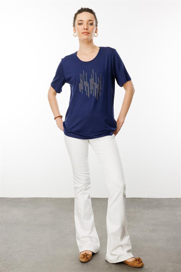 Kadın Sıfır Yaka Taş Baskılı Penye T-Shirt Lacivert