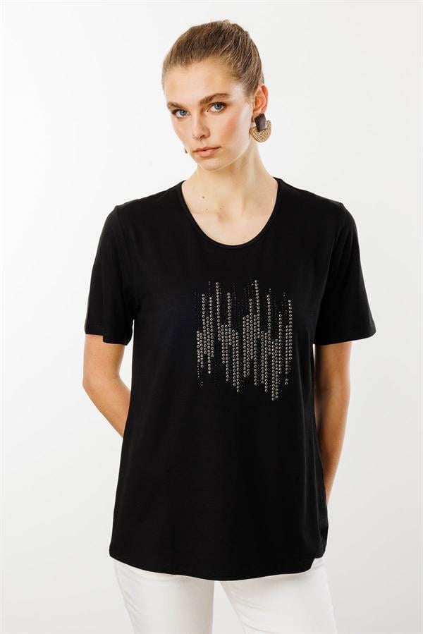 Kadın Sıfır Yaka Taş Baskılı Penye T-Shirt Siyah