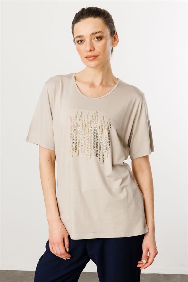 Kadın Sıfır Yaka Taş Baskılı Penye T-Shirt Bej