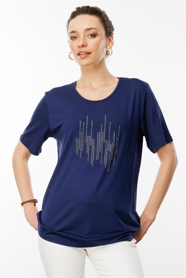 Kadın Sıfır Yaka Taş Baskılı Penye T-Shirt Lacivert