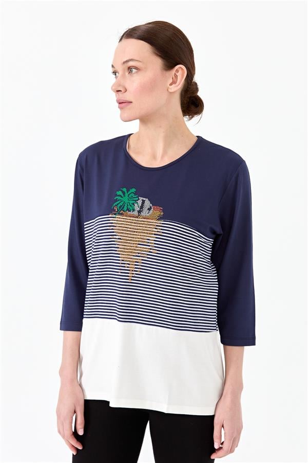 Женская хлопковая блуза в полоску со стразами темно синяя