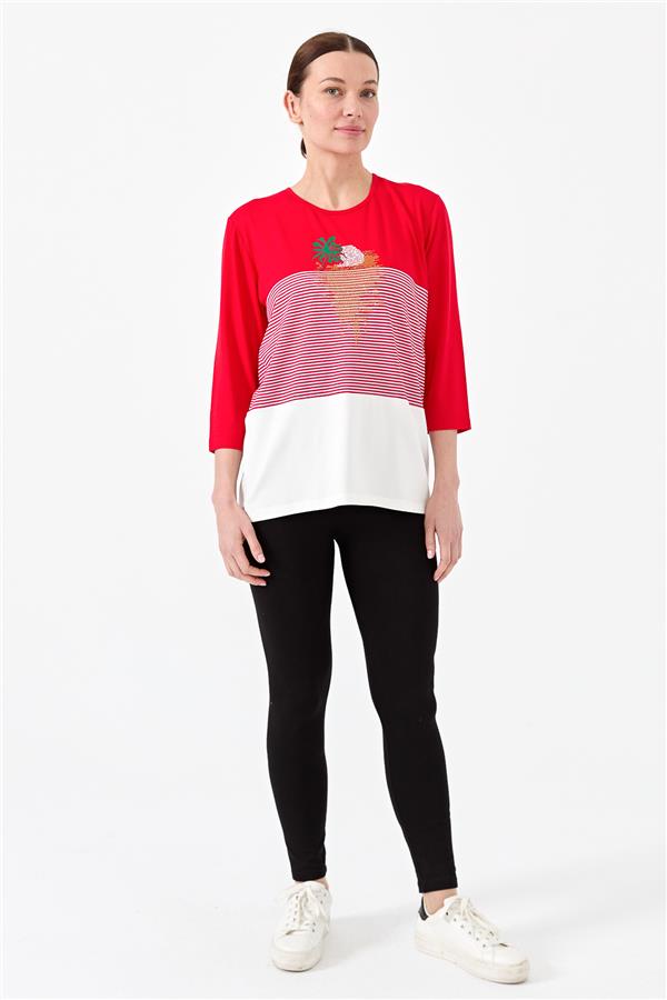 Kadın Sıfır Yaka Taşlı Çizgili Penye Bluz Kırmızı