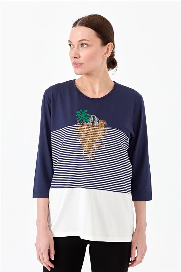 Женская хлопковая блуза в полоску со стразами темно синяя