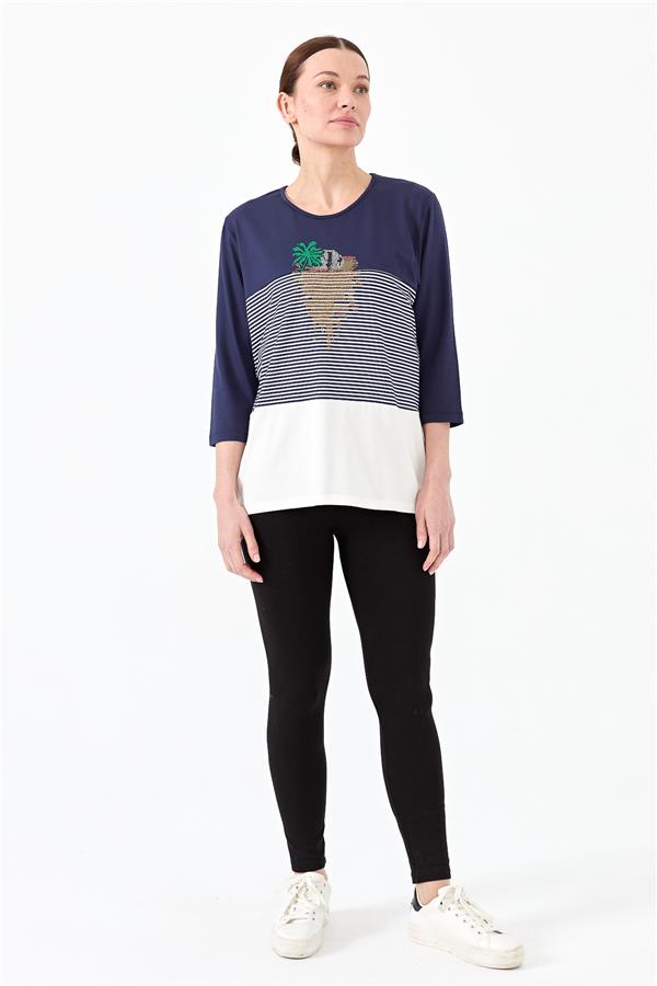 Женская хлопковая блуза в полоску со стразами темно синяя