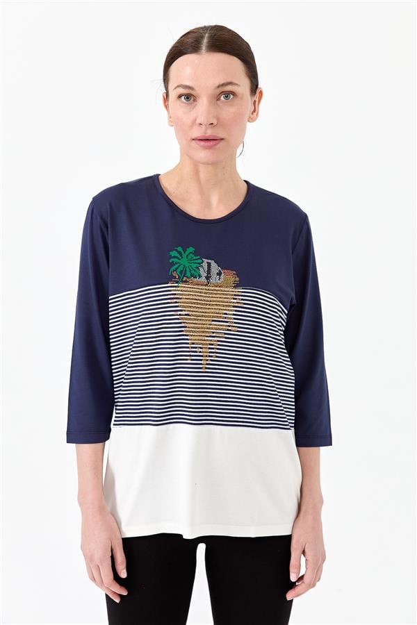 Женская хлопковая блуза в полоску со стразами темно синяя