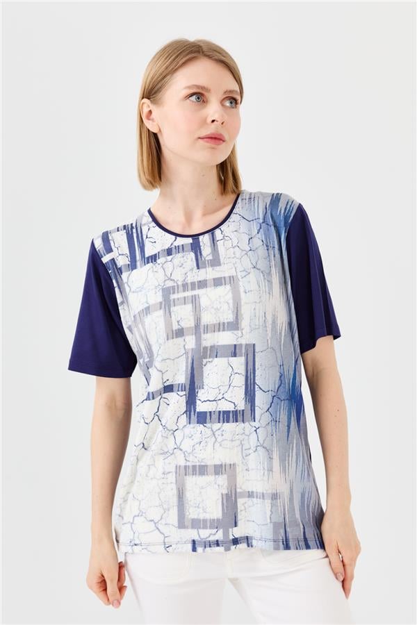 Женская хлопковая футболка с круглым вырезом и стразами темно синяя