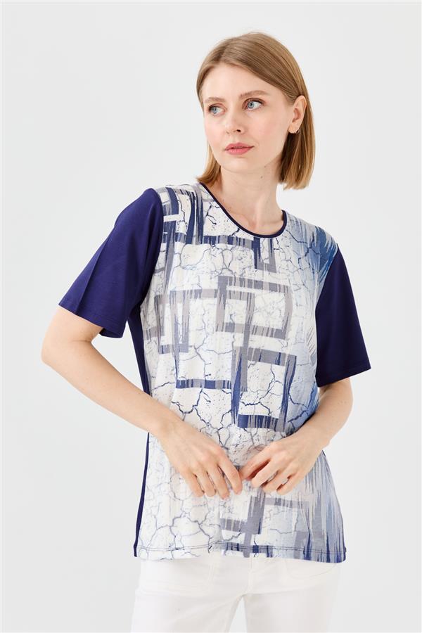 Женская хлопковая футболка с круглым вырезом и стразами темно синяя