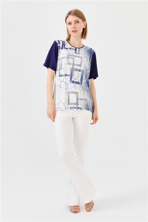 Женская хлопковая футболка с круглым вырезом и стразами темно синяя