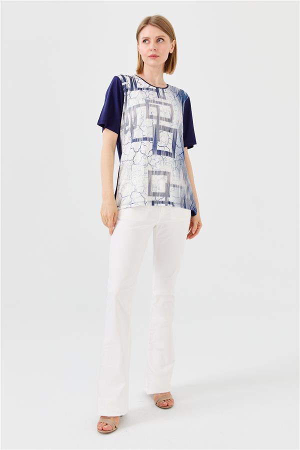 Женская хлопковая футболка с круглым вырезом и стразами темно синяя