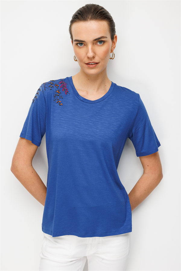 Kadın Sıfır Yaka Tek Omuzu Nakışlı Penye T-shirt İndigo
