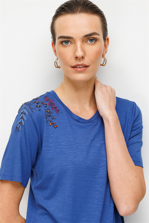 Kadın Sıfır Yaka Tek Omuzu Nakışlı Penye T-shirt İndigo