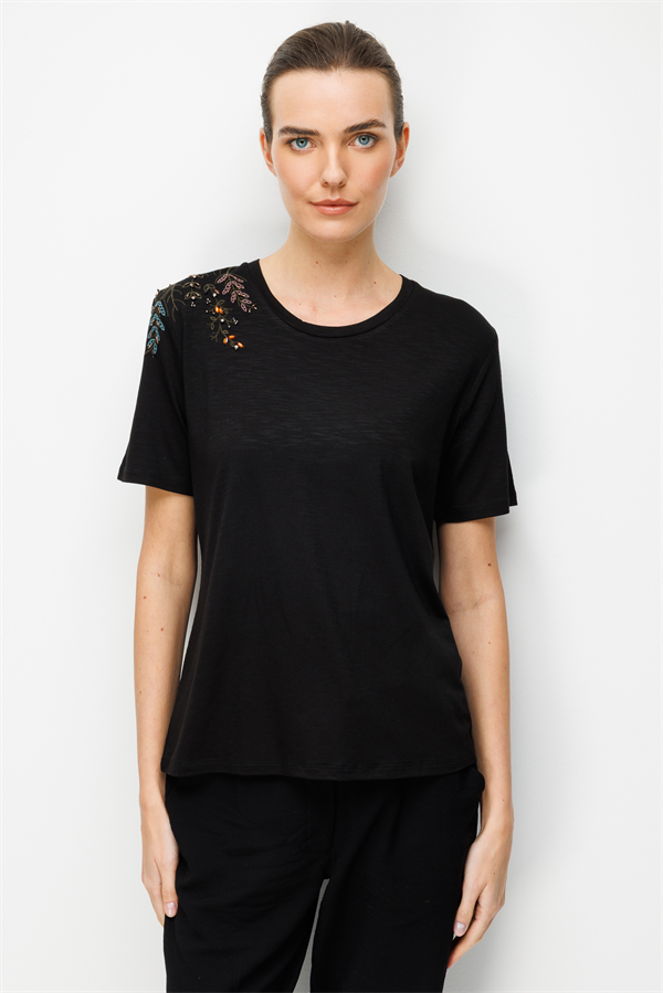 Kadın Sıfır Yaka Tek Omuzu Nakışlı Penye T-shirt Siyah