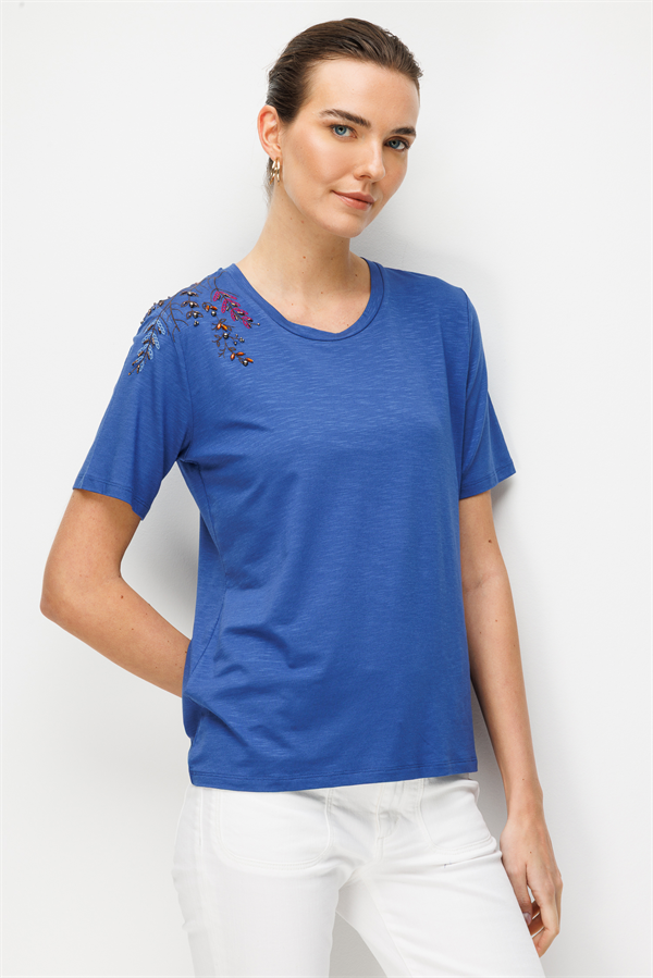 Kadın Sıfır Yaka Tek Omuzu Nakışlı Penye T-shirt İndigo