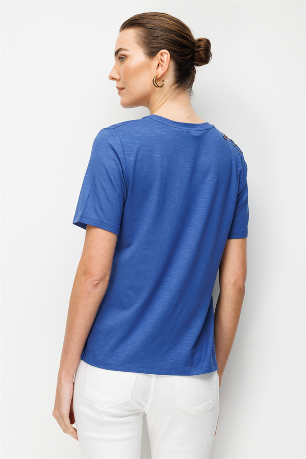 Kadın Sıfır Yaka Tek Omuzu Nakışlı Penye T-shirt İndigo