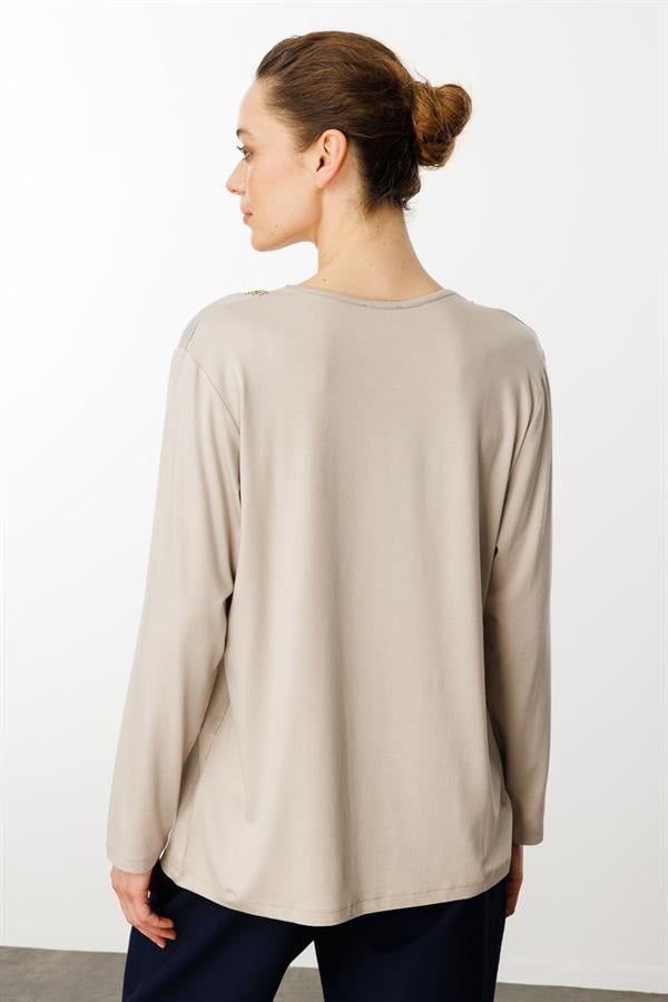 Kadın Sıfır Yaka Tül Şeritli Penye Bluz Bej
