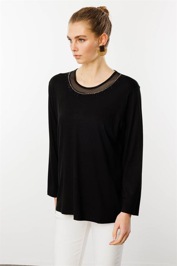 Kadın Sıfır Yaka Tül Şeritli Penye Bluz Siyah