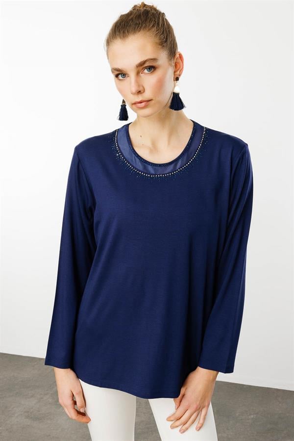 Kadın Sıfır Yaka Tül Şeritli Penye Bluz Lacivert